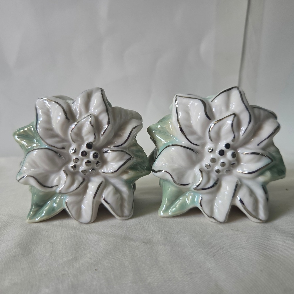 Vintage Ceramic Poinsettia Salt and Pepper Shakers Set White Silver Trim Holiday